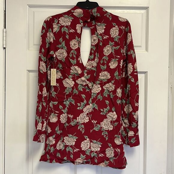 Flynn Skye Maroon Floral Rose Keyhole Mini Collared Tunic Dress - NEW! - Picture 2 of 6